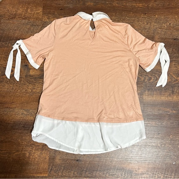 Misia Shirt Top Blouse Womens Medium Pink Shite Short Tie Sleeves Tunic Collared - Picture 3 of 4